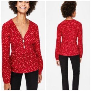 Boden Elsie Red Polka Dot Spring V Neck Fitted Career Women's Blouse